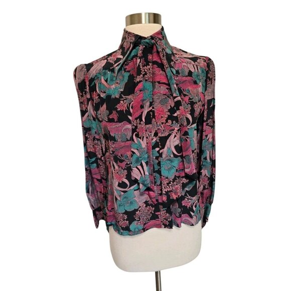 70s Women Vintage French Designer Blouse w/ Neck Tie Button Front Shirt Size 38 - Picture 1 of 7
